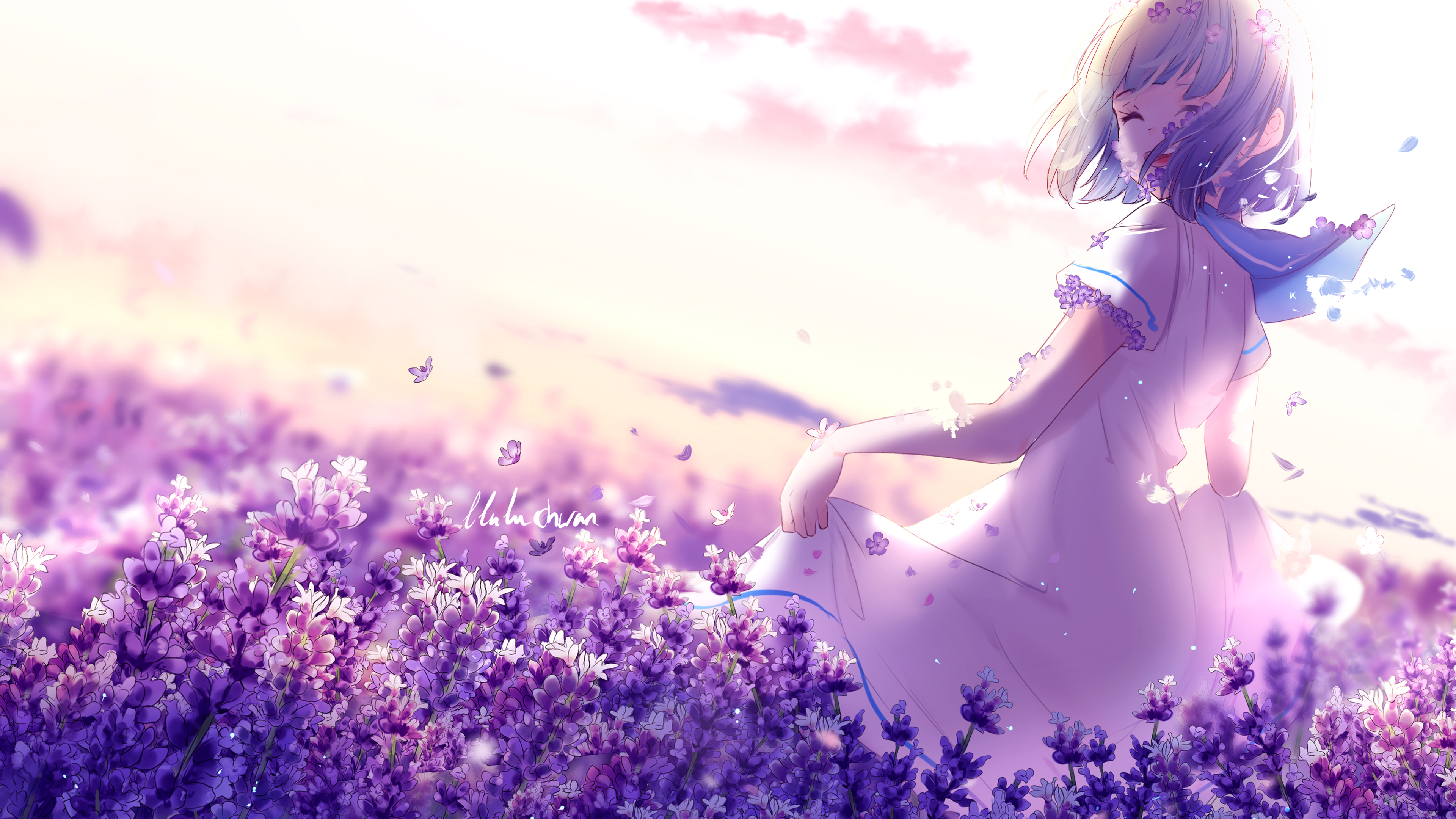 Anime Girl Lavender Purple Flowers 4K248566364